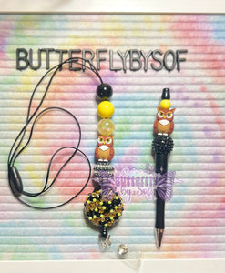 Owl themed beaded lanyard and pen set with bling